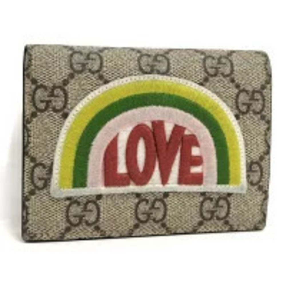 Gucci Bi fold Wallet GG Supreme RAINBOW LOVE Leather Beige Cream